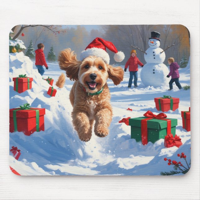 Mousepad Cockapoo Correndo na Neve com Chapéu de Natal (Frente)