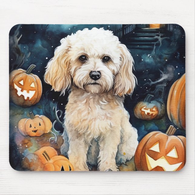 Mousepad Cockapoo De Halloween Com Pumpkins Assustado (Frente)