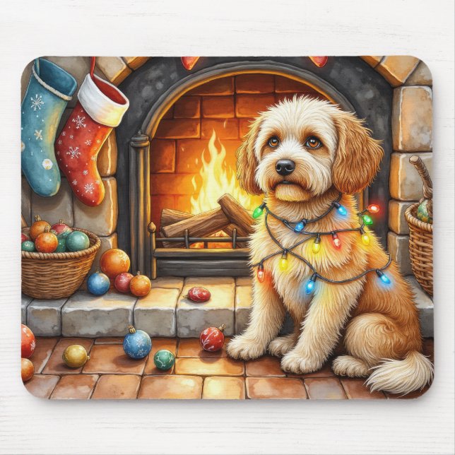 Mousepad Cockapoo Sitting by Fireplace with Christmas Light (Frente)