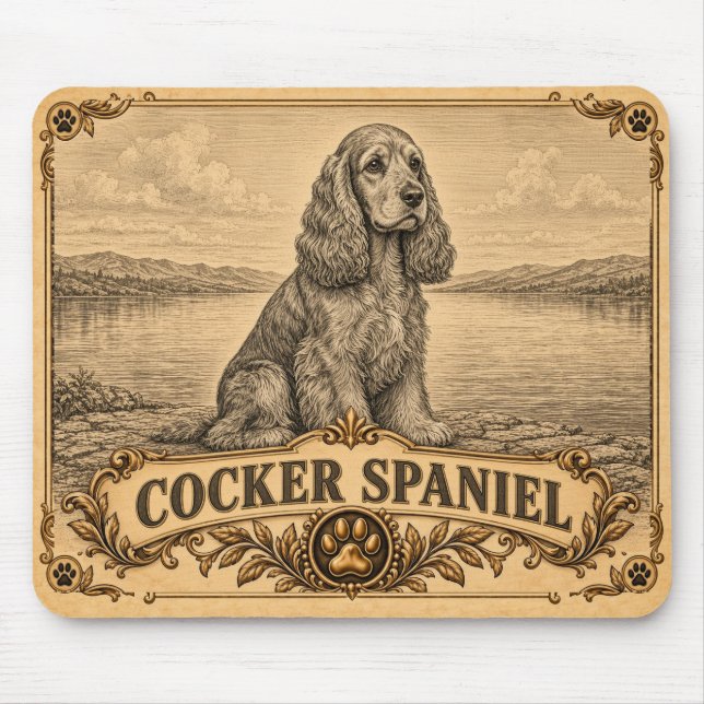 Mousepad Cocker Spaniel, Cachorro Clássico Vintage (Frente)