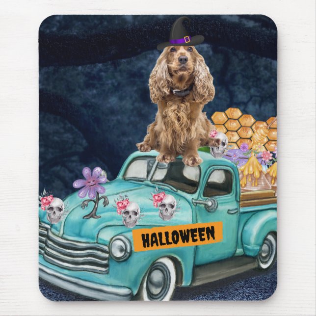 Mousepad Cocker Spaniel Cachorro Dia das Bruxas Caminhão No (Frente)