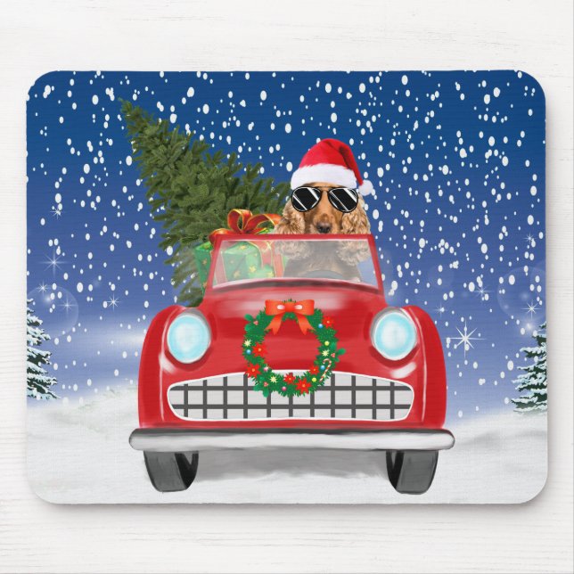 Mousepad Cocker Spaniel Cão Dirigindo Carro Na Neve Natal  (Frente)