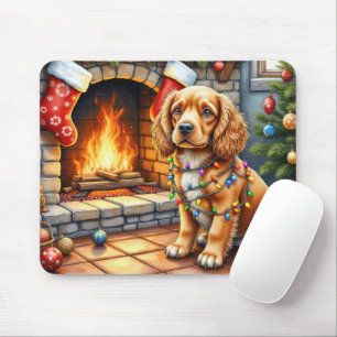 Mousepad Cocker Spaniel junto à Lareira com Luzes de Natal
