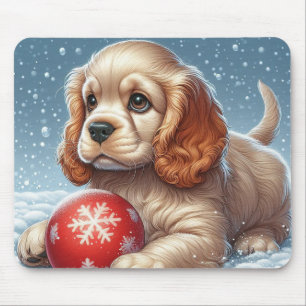 Mousepad Cocker Spaniel Puppy Descansa na Neve com uma bola