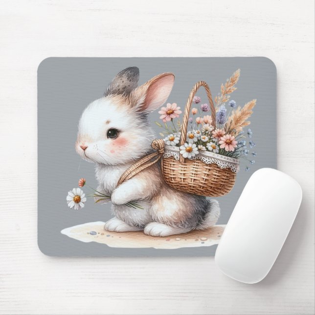 Mousepad Coelhinho Bonito com Flores de Arte Aquecida (Com mouse)