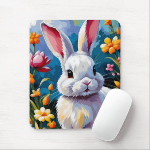 Mousepad Coelhinho Branco Adorável Cercado por Flores Vibra