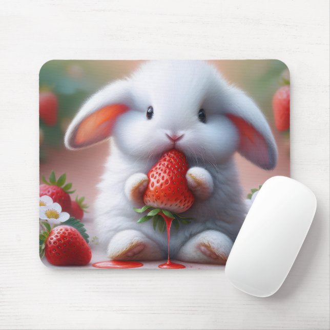 Mousepad Coelhinho Branco Com Morango Suculento (Com mouse)