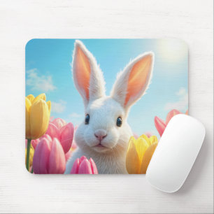 Mousepad Coelhinho Branco em um Jardim de Tulipas