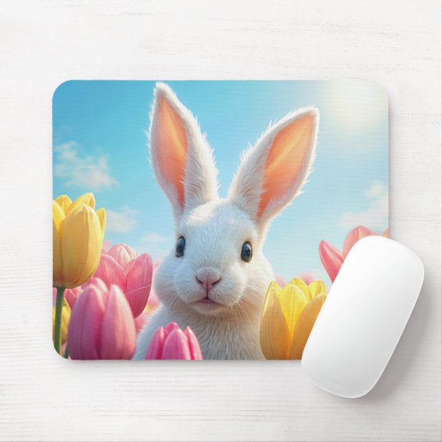 Mousepad Coelhinho Branco em um Jardim de Tulipas (Com mouse)