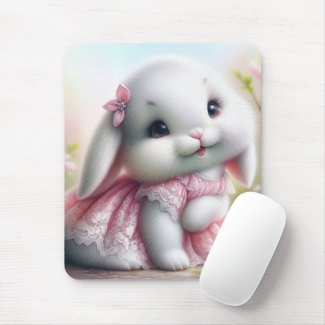 Mousepad Coelhinho Branco Vestindo Colar (Com mouse)
