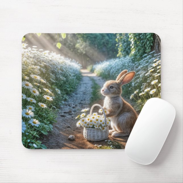 Mousepad Coelhinho com uma cesta de margaridas brancas (Com mouse)
