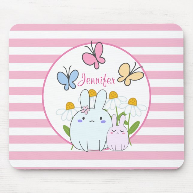 Mousepad Coelhinhos bonitos com margaridas Primavera e borb (Frente)