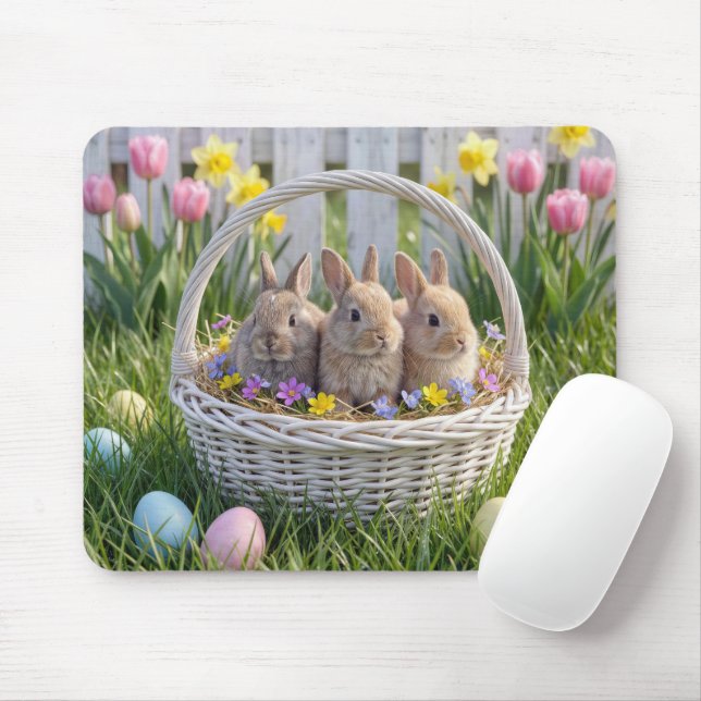 Mousepad Coelhinhos em uma Cesta de Páscoa na Grama (Com mouse)