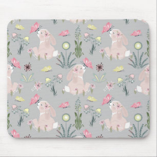 Mousepad coelho bonito com flores e borboletas
