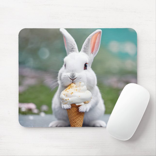 Mousepad Coelho Branco Comendo Um Cone Sorvete (Com mouse)