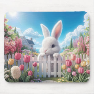 Mousepad Coelho Branco em um Jardim de Primavera