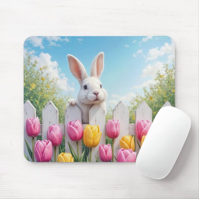 Mousepad Coelho Branco em um Jardim de Tulipas (Com mouse)