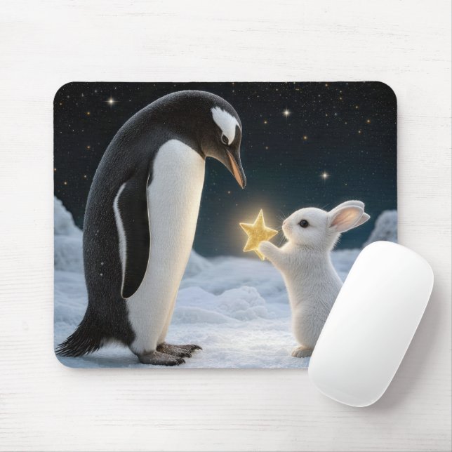 Mousepad Coelho e Pinguim com Estrela Neon (Com mouse)