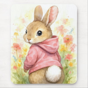 Mousepad Coelho em Aquarela com Capuz Rosa
