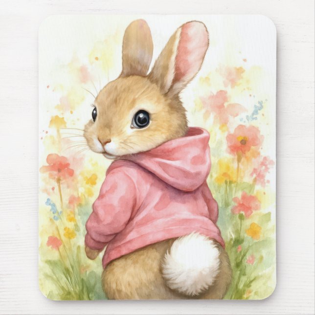 Mousepad Coelho em Aquarela com Capuz Rosa (Frente)