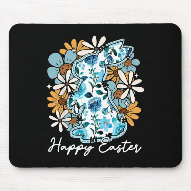 Mousepad Coelho Feliz da Páscoa Azul Floral Amarelo Design  (Frente)