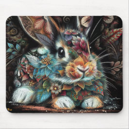 Mousepad Coelho Whimsso Rabbit Floral Abstrato Teal Preto