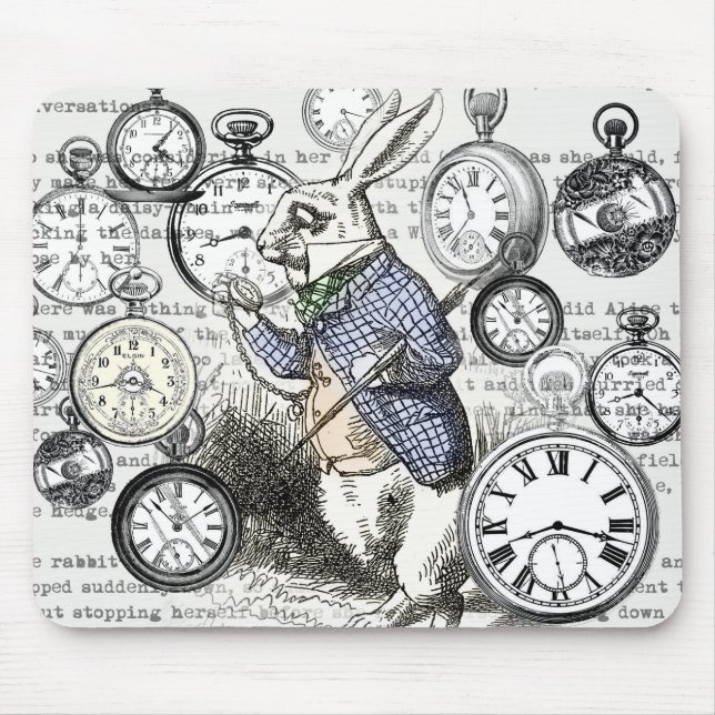 Mousepad Coelhos Brancos Alice Terra dos Sonhos Relógios Ar (Frente)