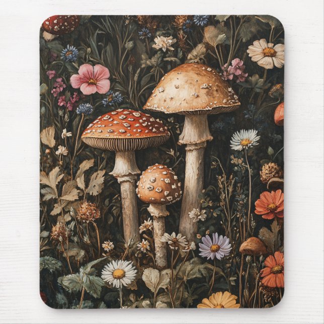 Mousepad Cogumelos Caprichosos e Flores Silvestres Botânico (Frente)