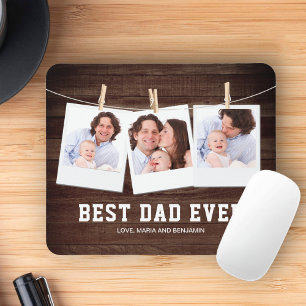 Mousepad Colagem de 3 Fotos em Madeira Rústica Melhor Pai d