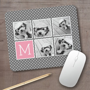 Mousepad Colagem de 5 Fotos Cinza e Rosa com Monograma