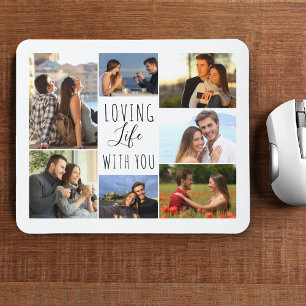 Mousepad Colagem de 7 Fotos Branco Amando a Vida com Você