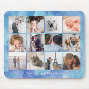 Mousepad Colagem de doze fotos Azul-aquarela