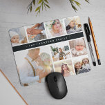 Mousepad Colagem de Fotografias com Stripe de Carvão<br><div class="desc">O mousepad de colagem de fotos em chic exibe nove fotos favoritas em formato quadrado,  com seu nome de família,  nome comercial ou escolha de personalização exibidos em uma banda fina de carvão rico em preto.</div>