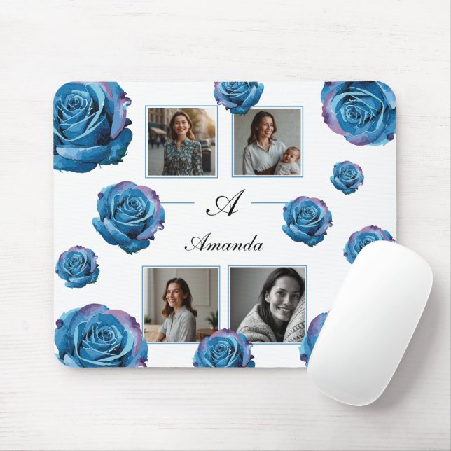 Mousepad Colagem de Fotografias de Rosa Azul Moderno, Mãe P (Com mouse)