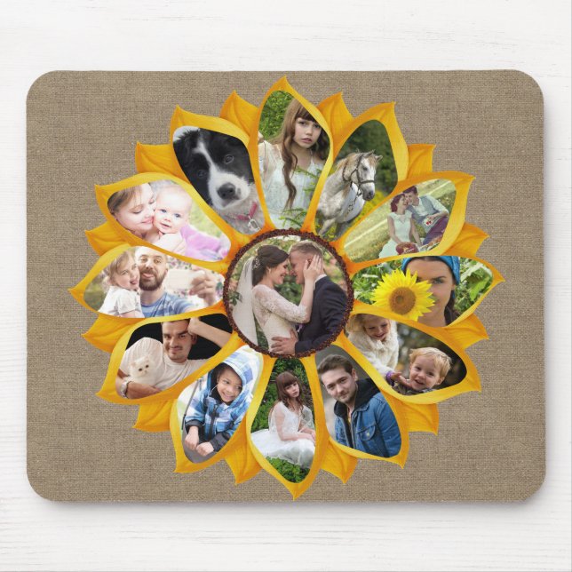 Mousepad Colagem de Fotografias Familiares Sunflower Burlap (Frente)