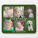 Mousepad Colagem de Fotografias Verde Escuro 6<br><div class="desc">Este simples mouse pad oferece 6 fotos para você adicionar suas fotos favoritas de membros da família. O fundo é verde-escuro e pode ser alterado escolhendo personalizar. A caligrafia de estilo manuscrito de tendência diz: "família" O texto personalizado permite adicionar seu nome de família e ano.</div>