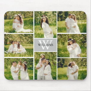 Mousepad Colagem de Fotos da Cinza do Monograma Clássico