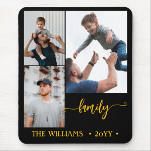 Mousepad colagem de fotos da família 3 preto dourado ímã de