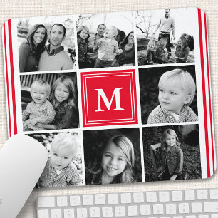 Mousepad Colagem de Fotos da Família com Monograma Vermelho