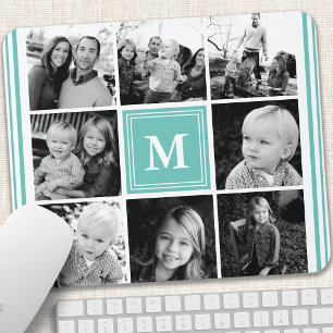 Mousepad Colagem de Fotos da Família Monograma Verde Turque