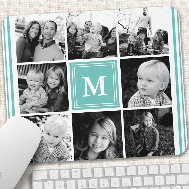 Mousepad Colagem de Fotos da Família Teal Monogramas (Criador carregado)