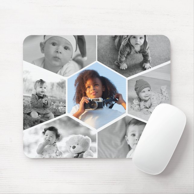 Mousepad Colagem de Fotos de Hexágono Preto e Branco (Com mouse)