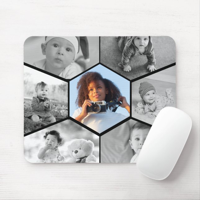 Mousepad Colagem de Fotos de Hexágono Preto e Branco (Com mouse)