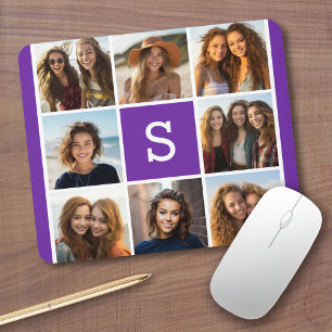 Mousepad Colagem de Fotos em Branco e Berinjela com Monogra