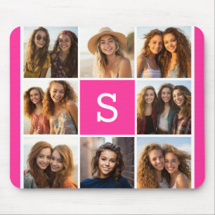 Mousepad Colagem de Fotos Monograma Rosa Quente Feminino In