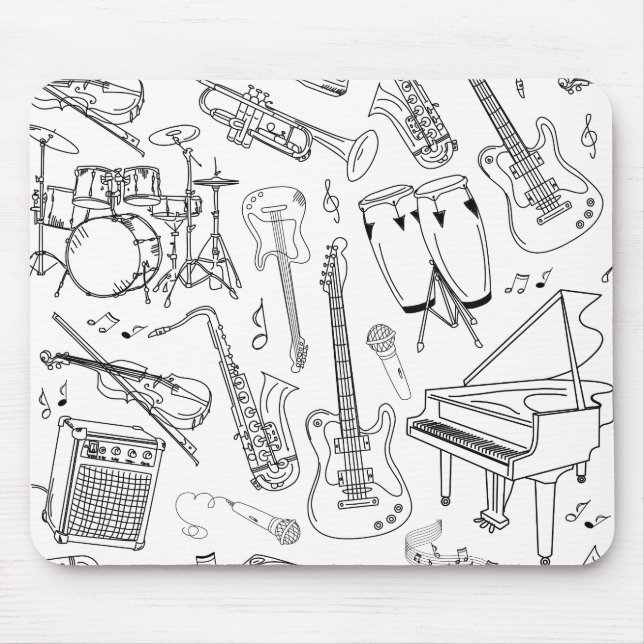 Mousepad Colagem de instrumentos musicais em preto e branco (Frente)