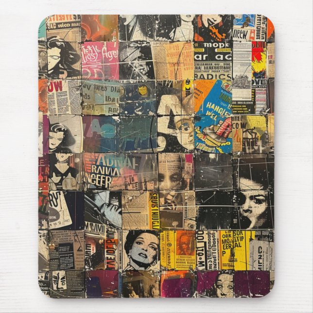 Mousepad Colagem de Rock Punk Preto e Branco em Grid de Qua (Frente)