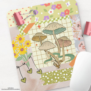 Mousepad Colagem de trabalho de arte floral de Cogumelos re