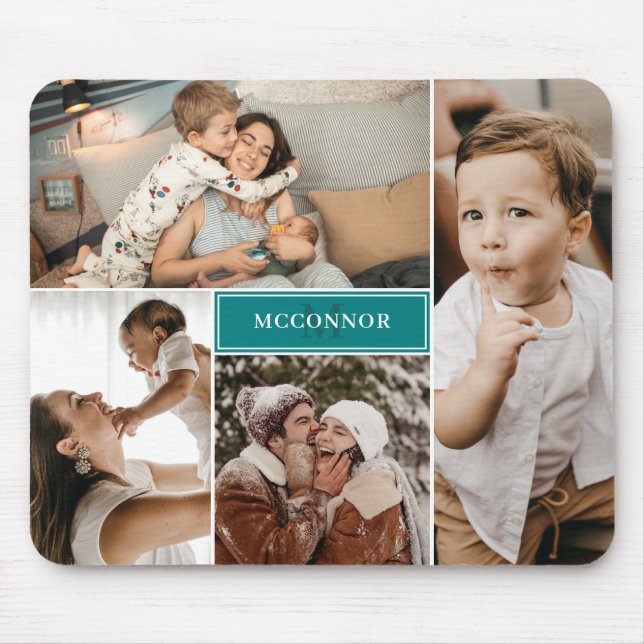Mousepad Colagem e nome de fotos Teal Modern 4 (Frente)