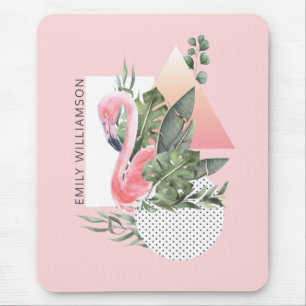 Mousepad Colagem Feminina Flamingo Rosa Tropical com Nome